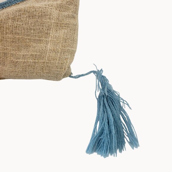 Rectangular Boho Multicolor Mosaic Beige Burlap Blue Tasseled Pillow Sham Cover - Picture 7 of 12